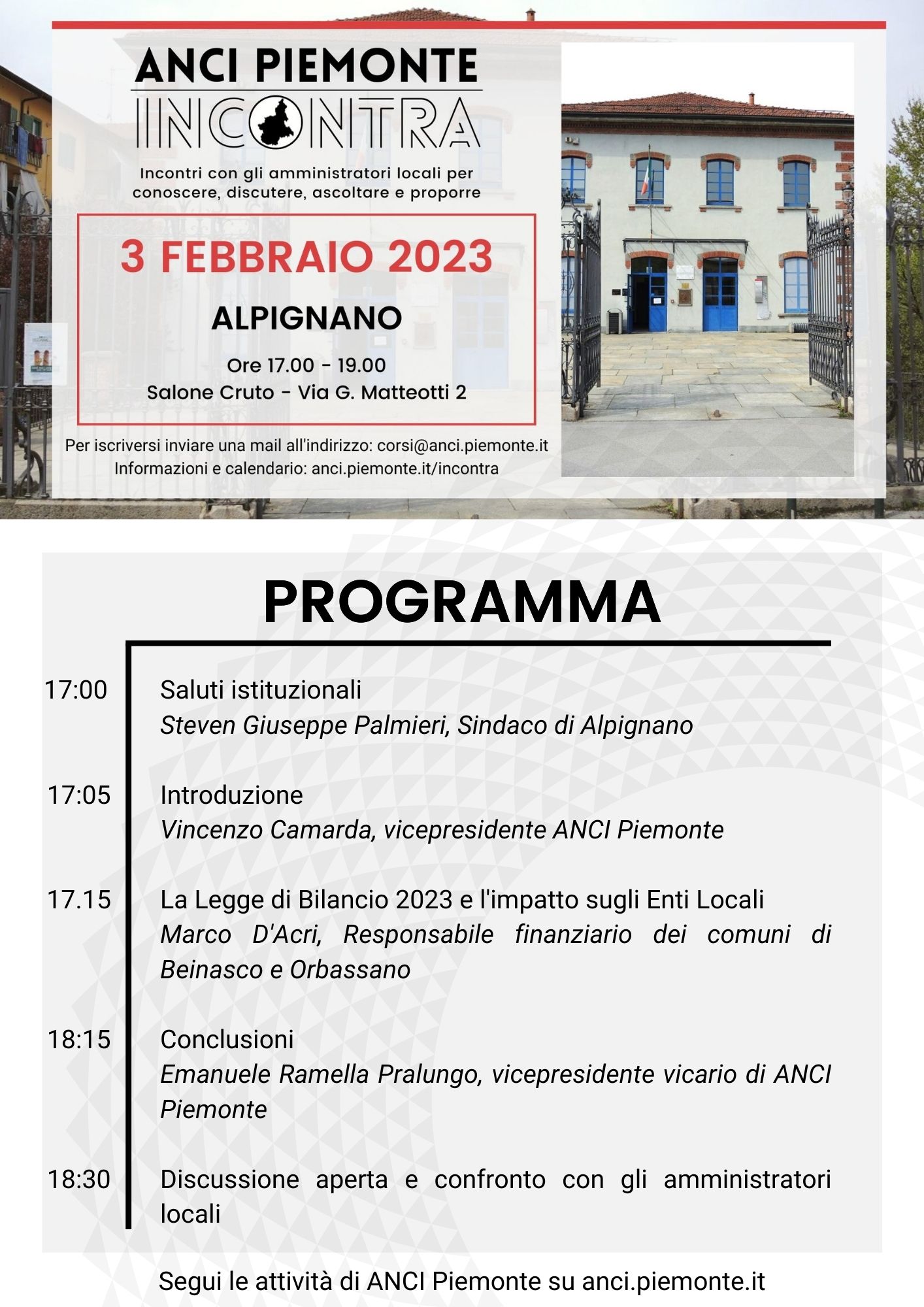 Programma ANCI Piemonte Incontra - 3 febbraio 2023 - Alpignano